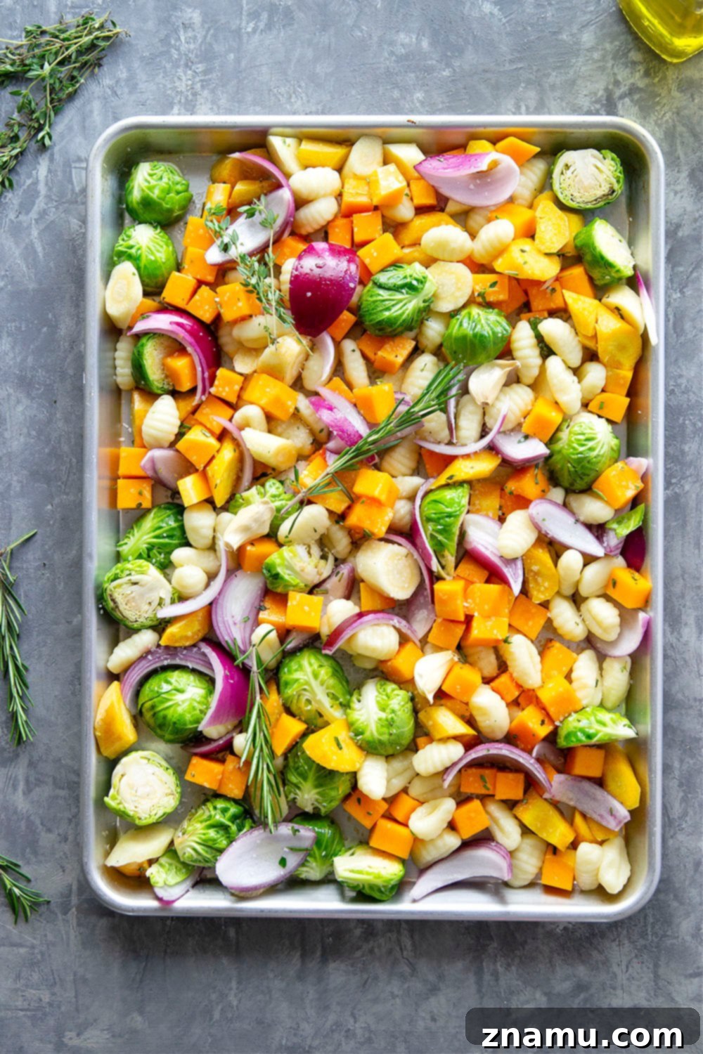 One-Pan Autumn Gnocchi & Roasted Vegetables 4 Sheet pan gnocchi is roasted with hearty fall vegetables entirely on one sheet pan in less than hour for an an easy weeknight dinner with little to no cleanup!