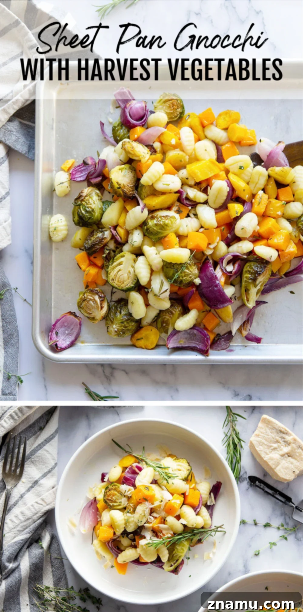 One-Pan Autumn Gnocchi & Roasted Vegetables 7 Sheet pan gnocchi is roasted with hearty fall vegetables entirely on one sheet pan in less than hour for an an easy weeknight dinner with little to no cleanup!