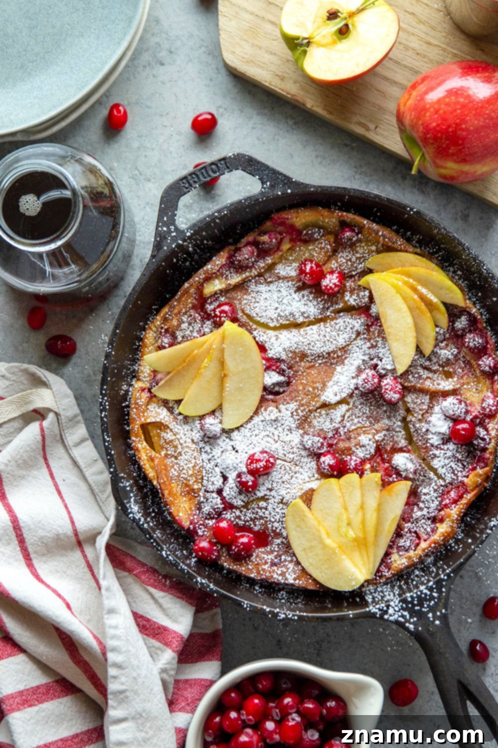 Puffed Cranberry Apple Dutch Baby 2 A fluffy Cranberry Apple Dutch Baby, golden brown and puffed, in a cast iron skillet, topped with powdered sugar and ready to be served for a festive fall breakfast.