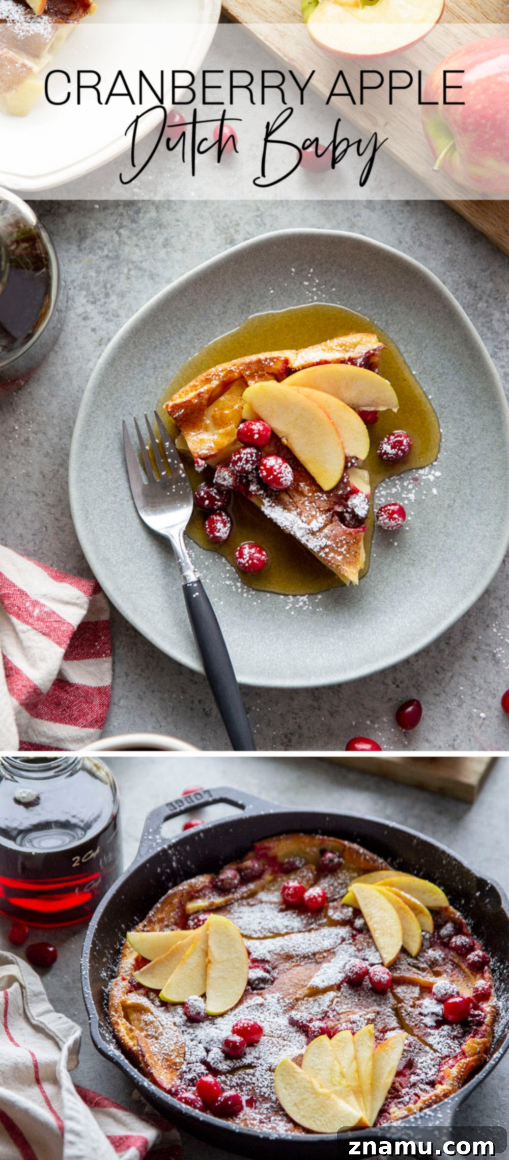 Puffed Cranberry Apple Dutch Baby 7 Overhead shot of a Cranberry Apple Dutch Baby, featuring its golden-brown, puffed edges, a generous sprinkle of powdered sugar, and a drizzle of maple syrup.