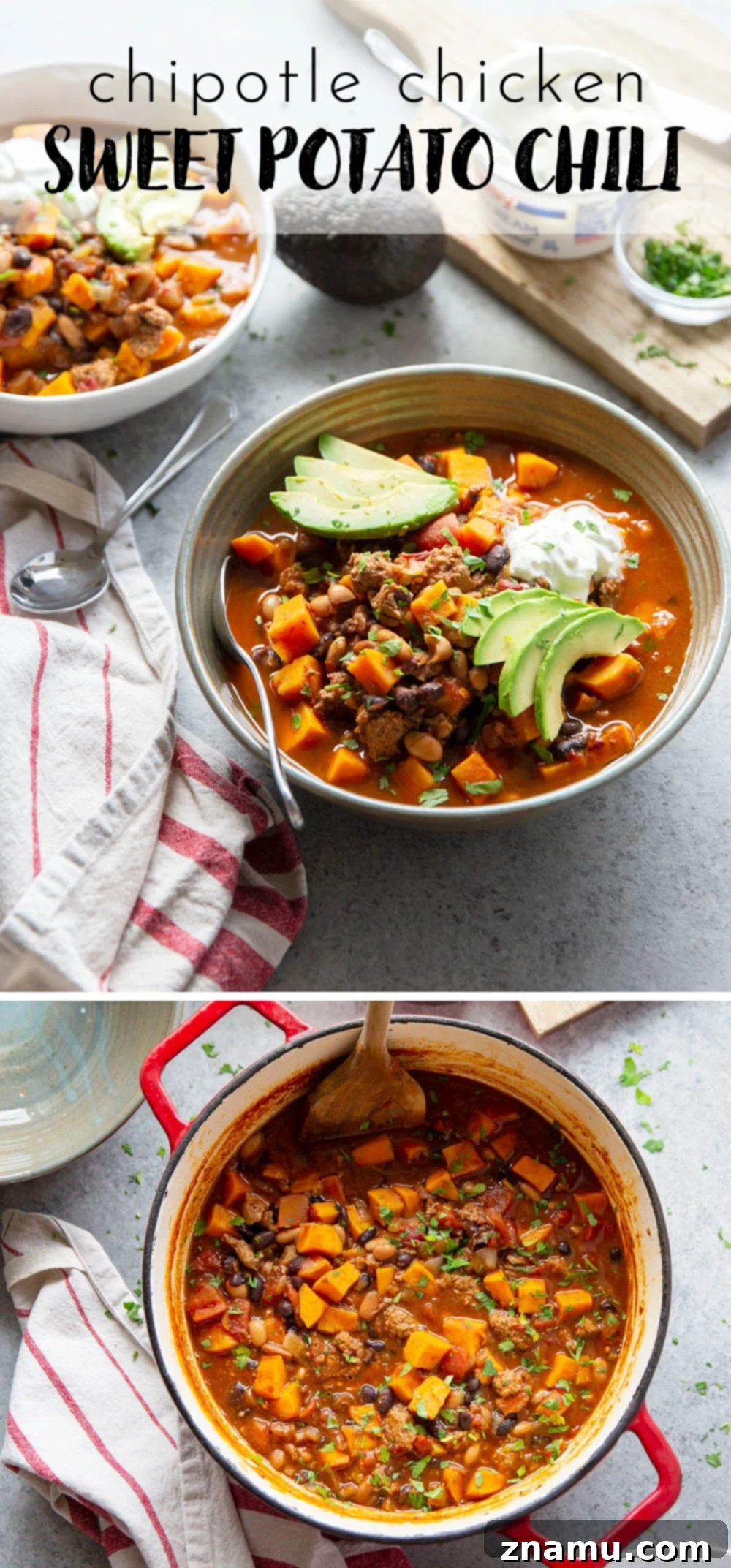 Bold Chipotle Chicken Sweet Potato Chili 7 A generous serving of Chipotle Chicken Sweet Potato Chili in a rustic bowl, with a spoon ready to scoop, highlighting its hearty and inviting nature.