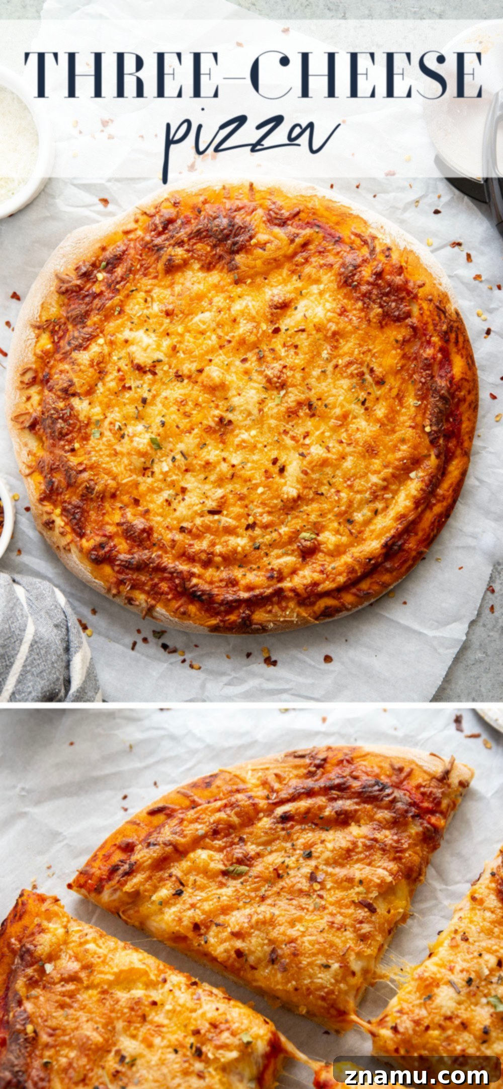 Triple Cheese Delight 7 A triple-cheese delight, this three cheese pizza features a perfectly soft and chewy homemade crust and lots of mozzarella, cheddar, and Parmesan.