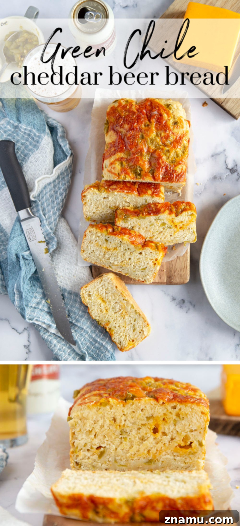Green Chile Cheddar Ale Loaf 7 Green Chile Cheddar Beer Bread with a rustic background, highlighting its homemade appeal.