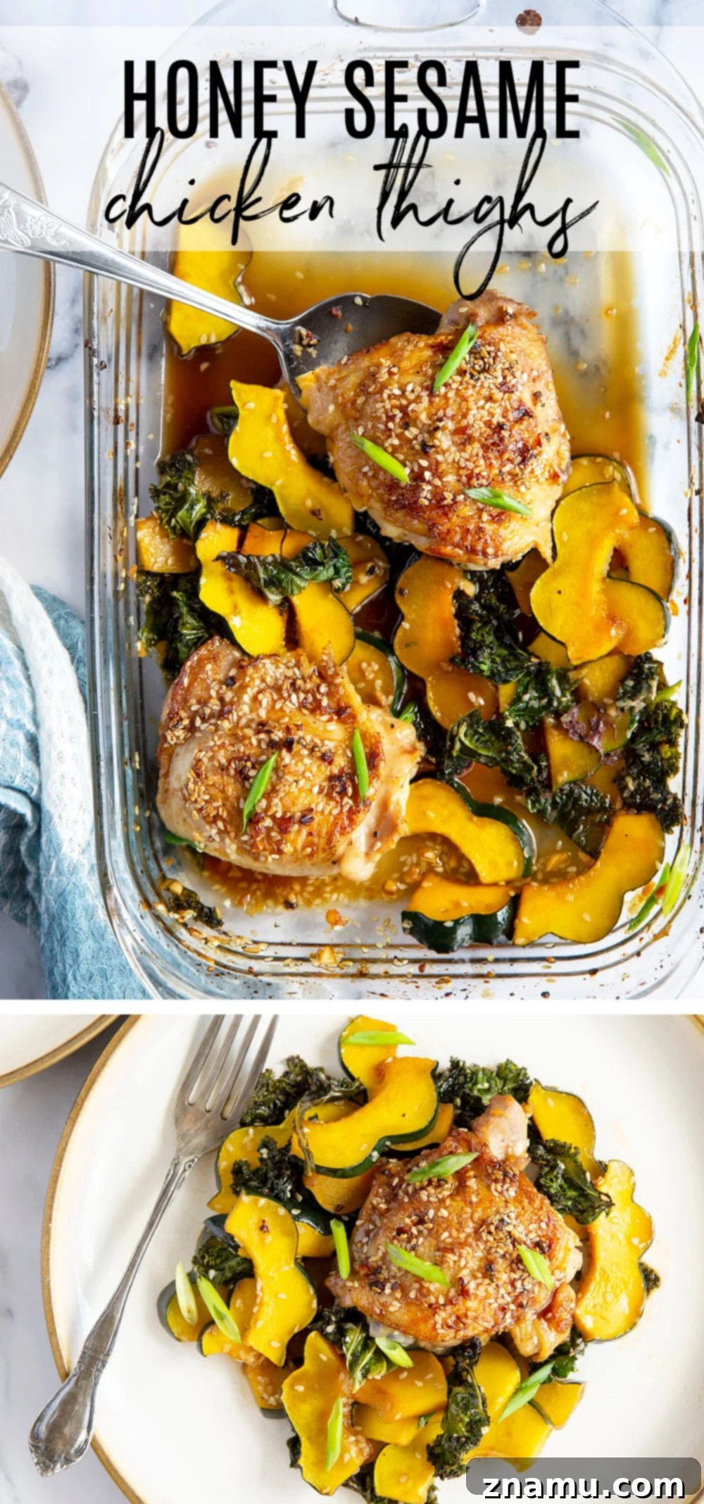 Honey Sesame Glazed Chicken Thighs with Roasted Acorn Squash and Sautéed Kale 7 Honey sesame chicken thighs are roasted with tender acorn squash and kale in a flavorful honey sesame sauce for an easy dinner made in less than an hour!