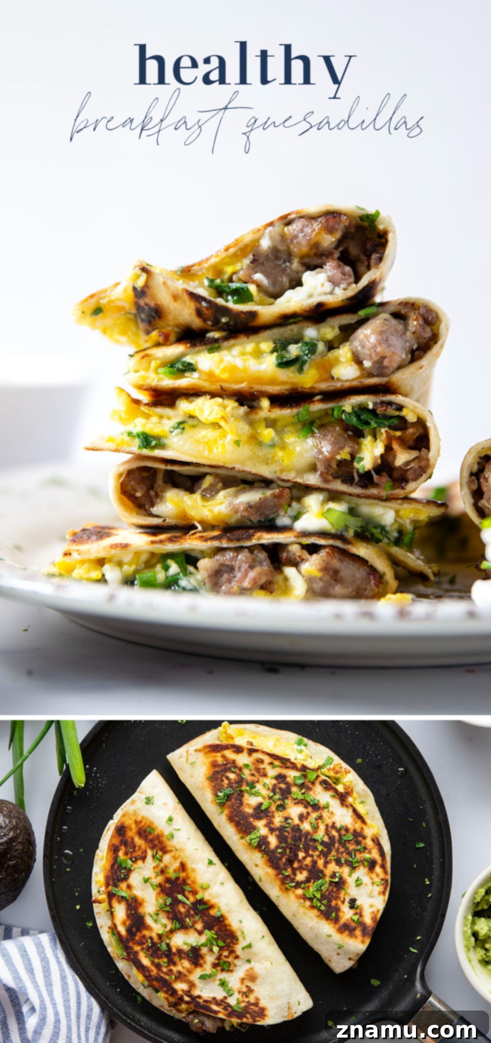 Wholesome Breakfast Quesadillas 7 An appetizing close-up of a breakfast quesadilla, showcasing its golden-brown tortilla and the rich, cheesy, egg, and spinach filling, highlighting its texture and deliciousness.