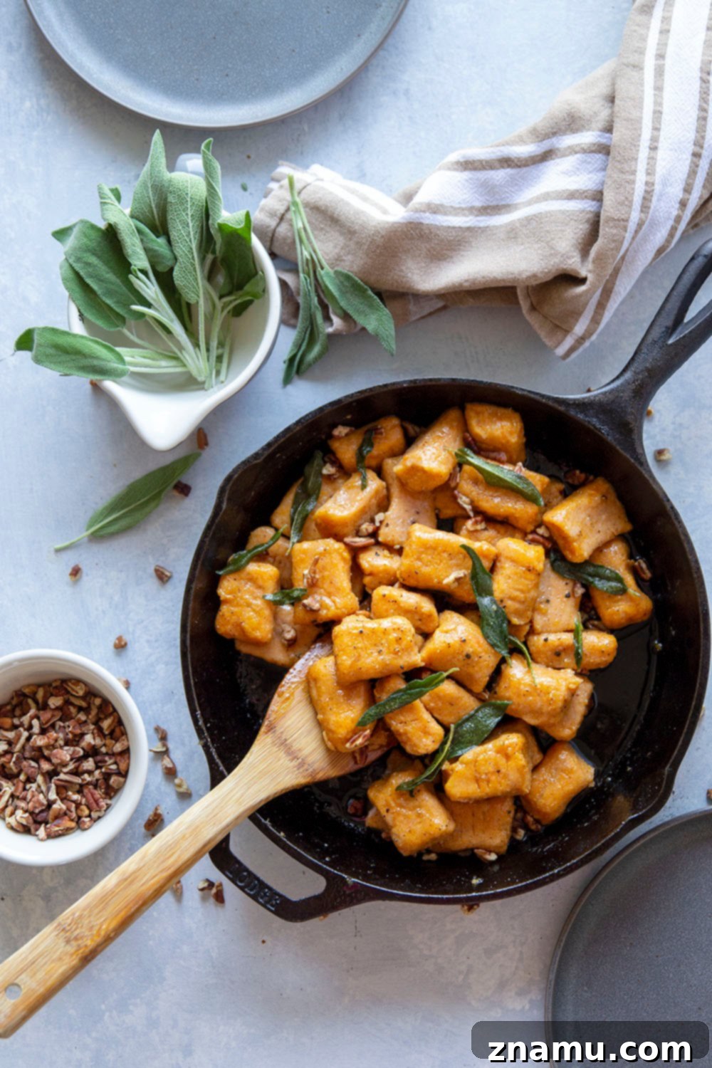 Maple Sage Sweet Potato Gnocchi 4 Sweet potato gnocchi is incredibly easy to make at home and perfectly light and fluffy! Toss this gnocchi with a sweet maple butter sauce and lots of crispy sage.