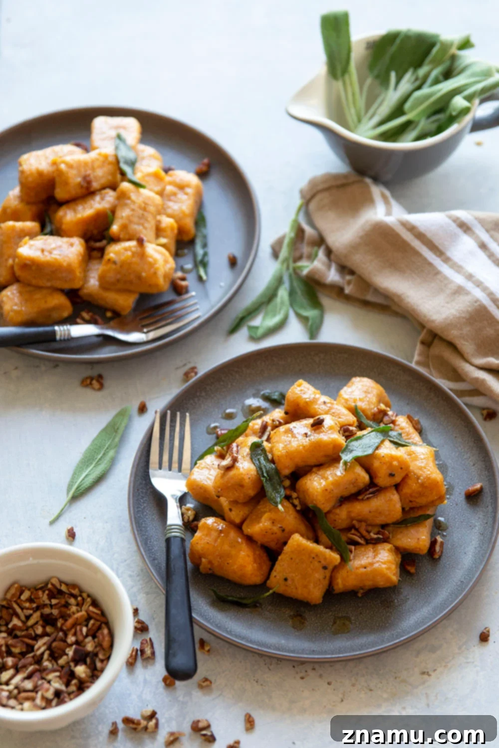 Maple Sage Sweet Potato Gnocchi 6 Sweet potato gnocchi is incredibly easy to make at home and perfectly light and fluffy! Toss this gnocchi with a sweet maple butter sauce and lots of crispy sage.