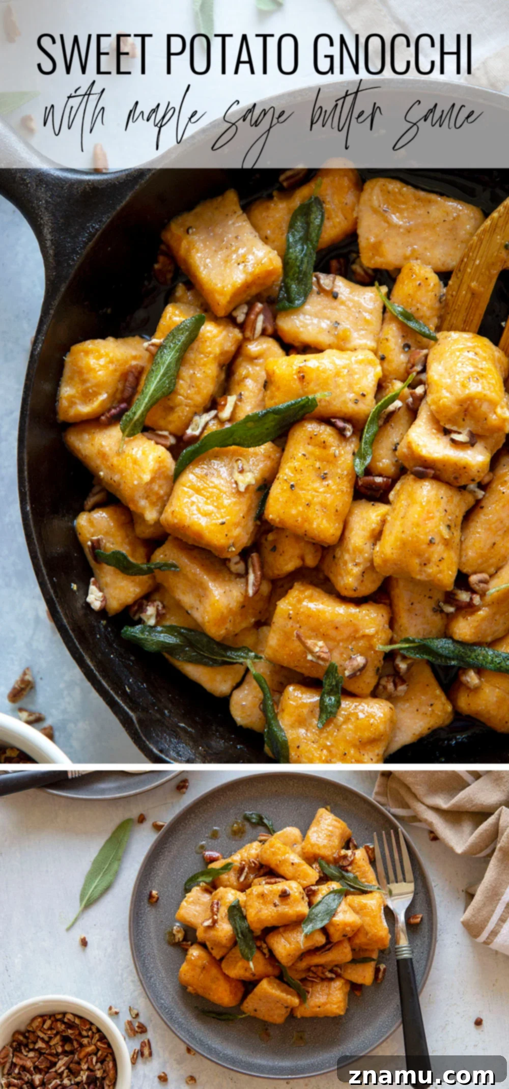 Maple Sage Sweet Potato Gnocchi 7 Sweet potato gnocchi is incredibly easy to make at home and perfectly light and fluffy! Toss this gnocchi with a sweet maple butter sauce and lots of crispy sage.