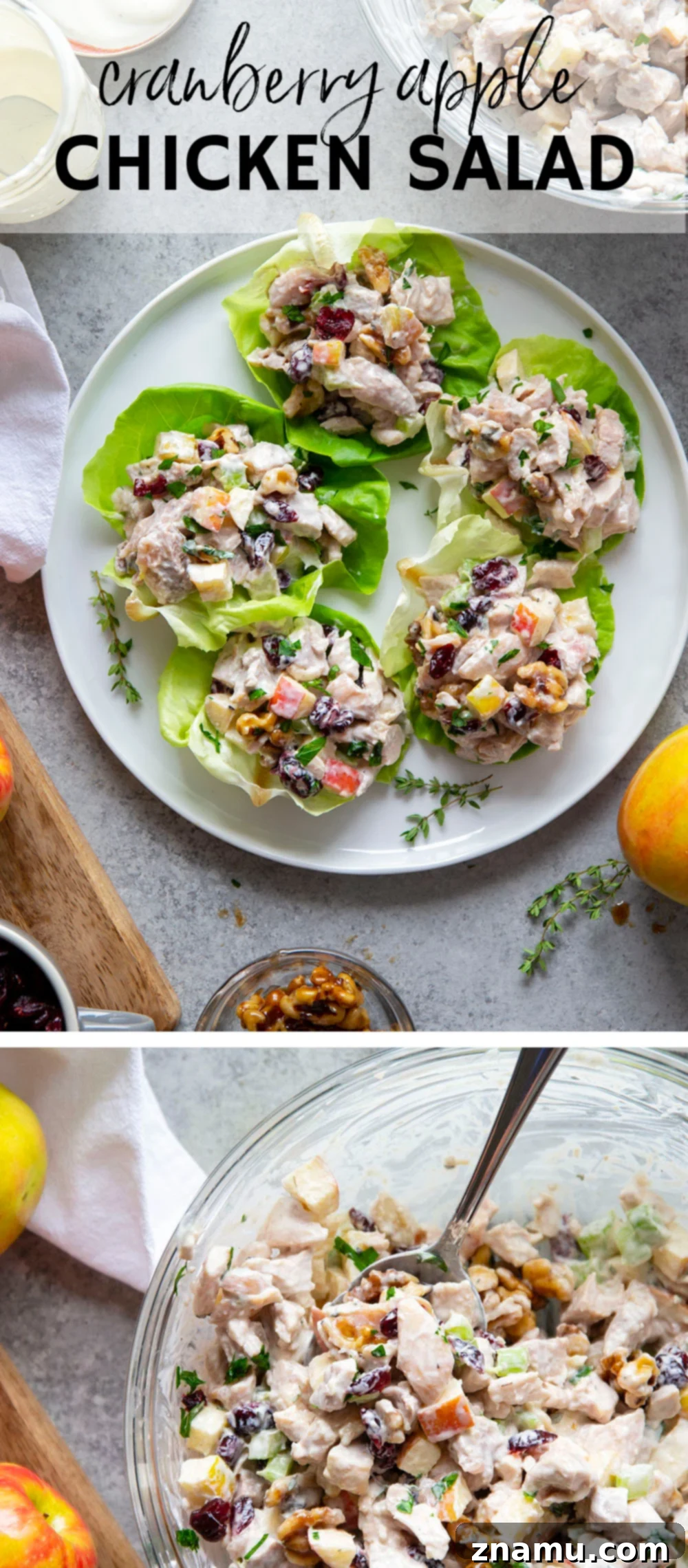 Gourmet Cranberry Apple Chicken Salad 7 A large serving bowl filled with cranberry apple chicken salad, garnished with fresh herbs.