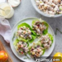 Gourmet Cranberry Apple Chicken Salad 8 This cranberry apple chicken salad is packed full of crunchy apples, toasted walnuts, sweet dried cranberries, and dressed in a tangy Greek yogurt dressing.