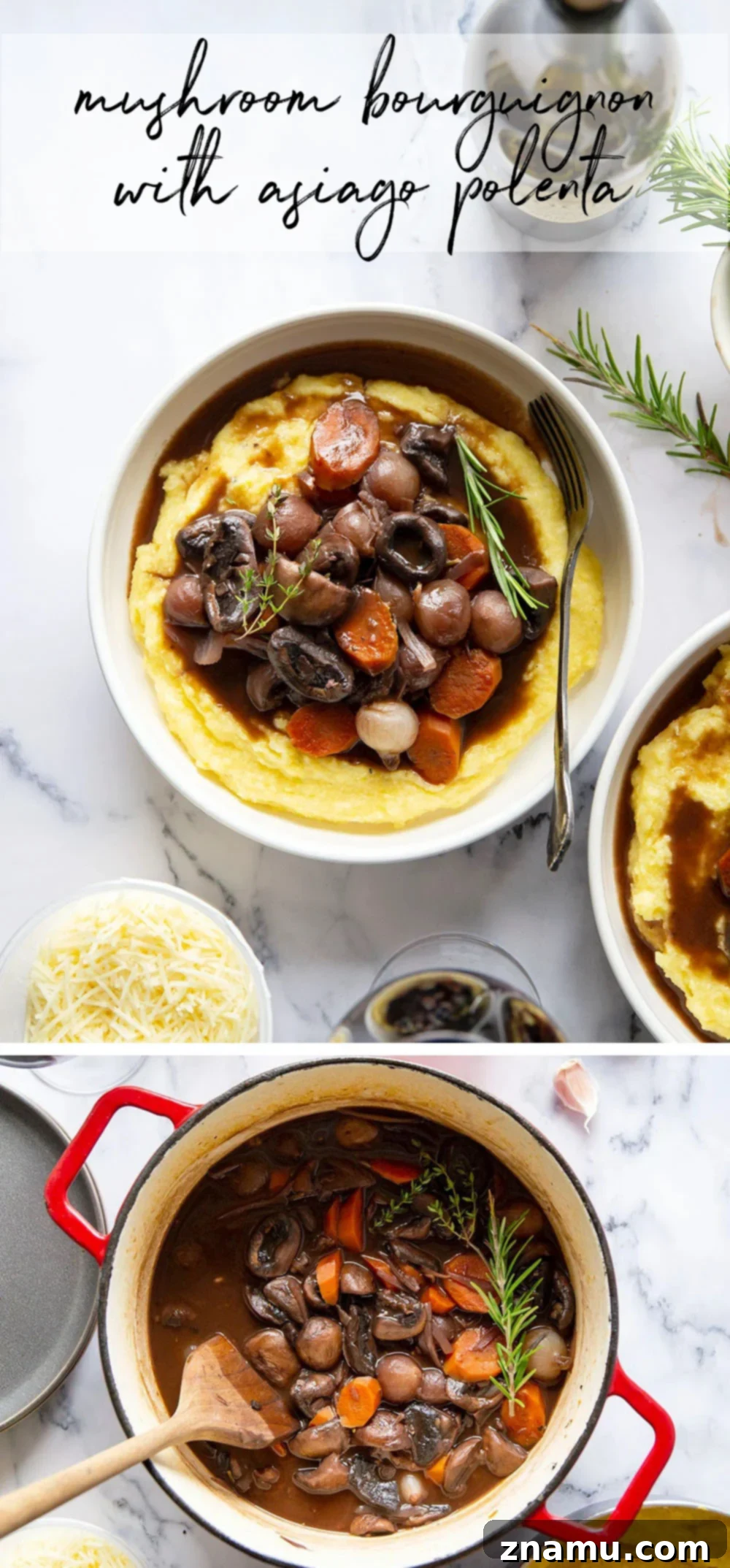 Hearty Mushroom Bourguignon with Velvety Asiago Polenta 7 Mushroom bourguignon features a savory red wine mushroom sauce served on top of creamy asiago polenta.