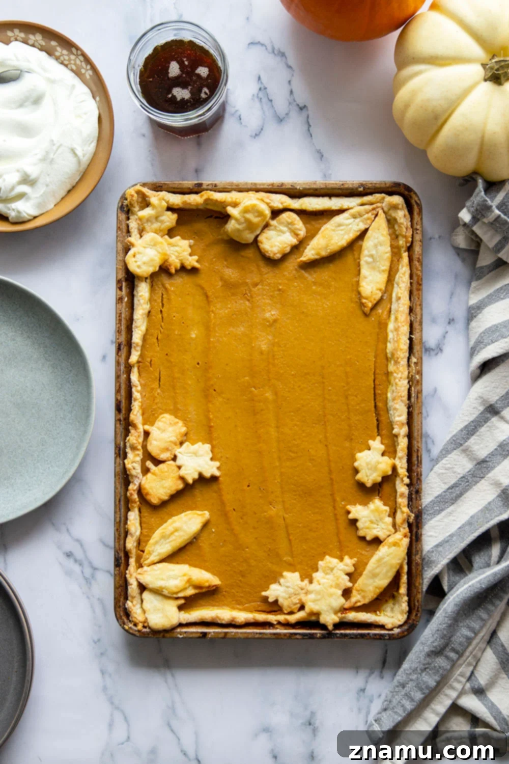 Easy Sheet Pan Pumpkin Pie Bars 3 Beautifully portioned and easy-to-slice Sheet Pan Pumpkin Pie, featuring decorative leaf cutouts and a rich, spiced filling.