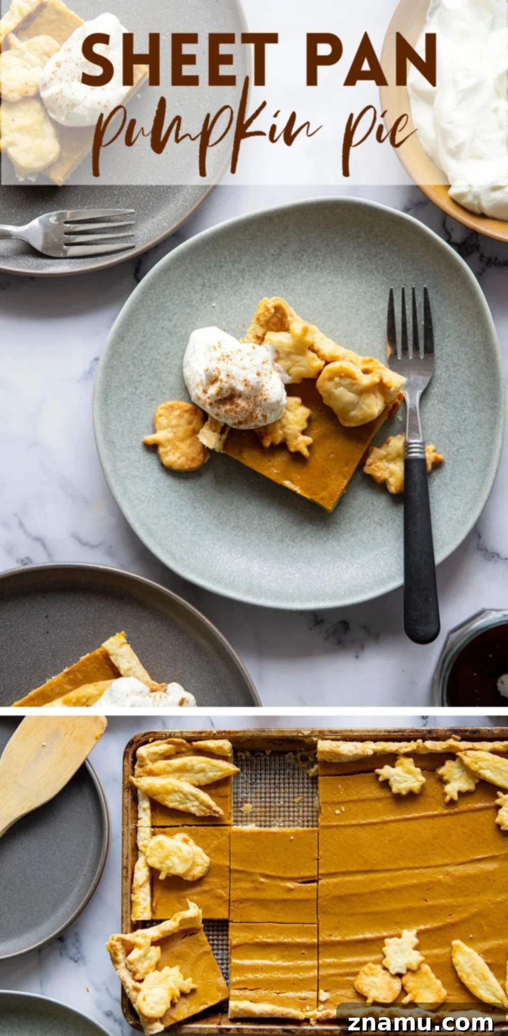 Easy Sheet Pan Pumpkin Pie Bars 7 A festive holiday spread showcasing a sliced Sheet Pan Pumpkin Pie, garnished with whipped cream and pastry cutouts.