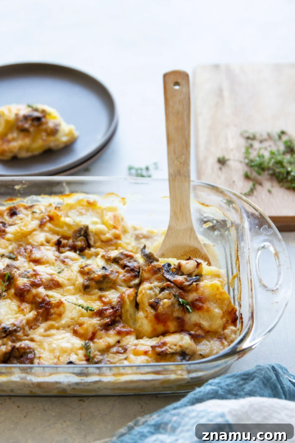 Rich, creamy Caramelized Onion Scalloped Potatoes with Mushrooms, bubbling hot and golden brown, a perfect holiday side dish.