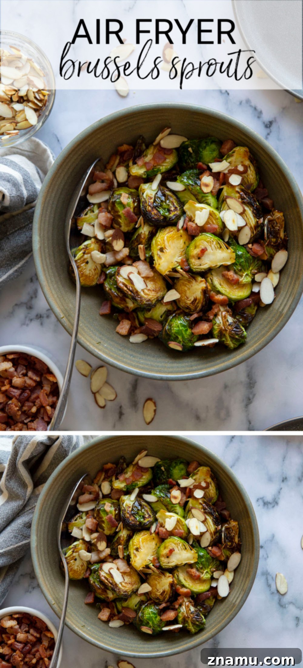 Blistered Air Fryer Brussels Sprouts with Hot Honey Butter 7 A vibrant overhead shot of the finished Air Fryer Brussels Sprouts with Hot Honey Butter, showcasing the glossy glaze and colorful toppings.