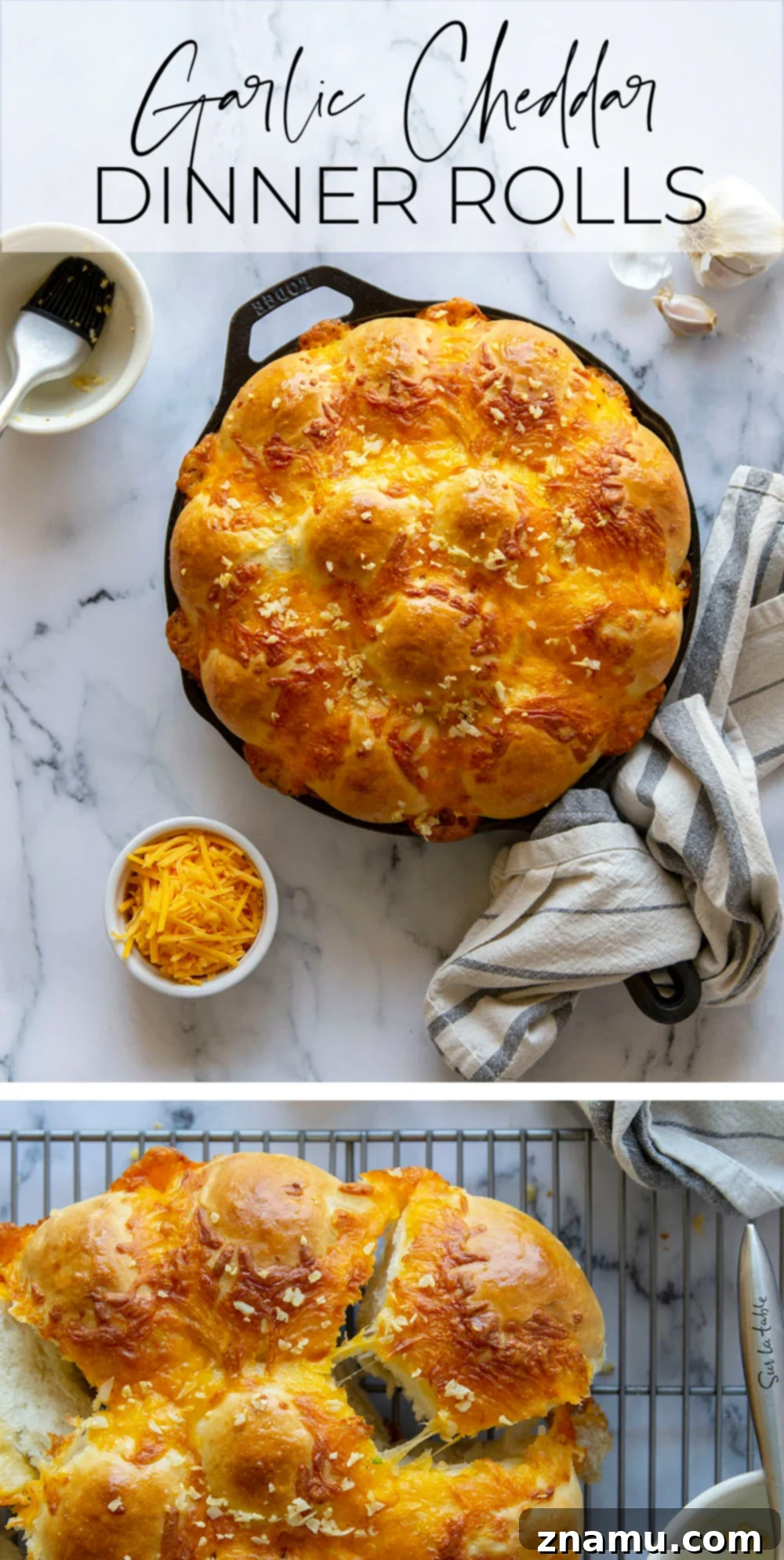 Skillet Garlic Cheddar Dinner Rolls 7 Overhead shot of an entire cast iron skillet of pull-apart Garlic Cheddar Dinner Rolls.