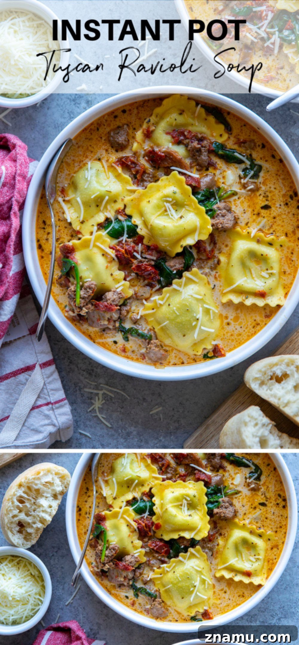 Another close-up of Tuscan Ravioli Soup, emphasizing the rich, creamy broth and perfectly cooked ravioli.