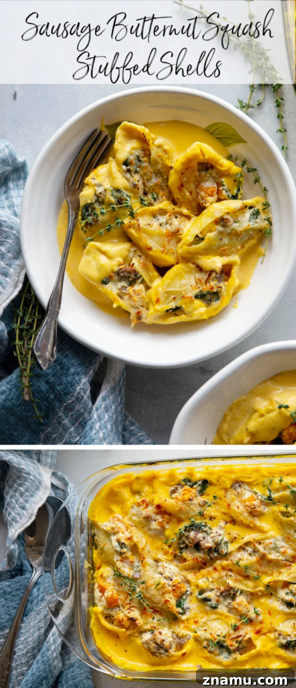 Golden Butternut Sausage Stuffed Shells 7 Creamy butternut squash alfredo sauce and flavorful sausage are featured in these luscious butternut squash stuffed shells. - easy to make ahead of time and perfect for any dinner occasion!