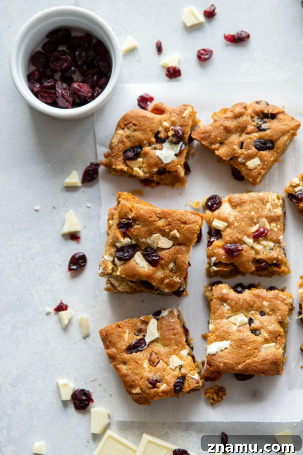 Blissful Cranberry White Chocolate Blondies 2 Indulge in the festive charm of white chocolate cranberry blondies – soft, chewy, and bursting with gooey white chocolate and tangy dried cranberries. Perfect for holiday baking!