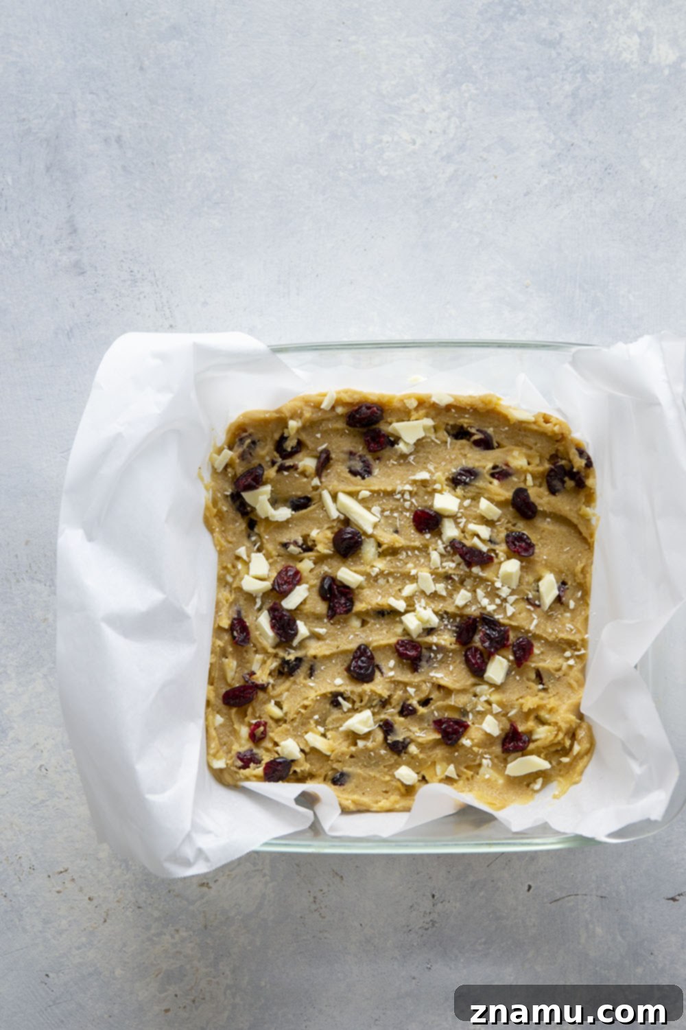 Blissful Cranberry White Chocolate Blondies 3 A close-up of a square white chocolate cranberry blondie, showing its soft texture and generous chunks of white chocolate and dried cranberries.