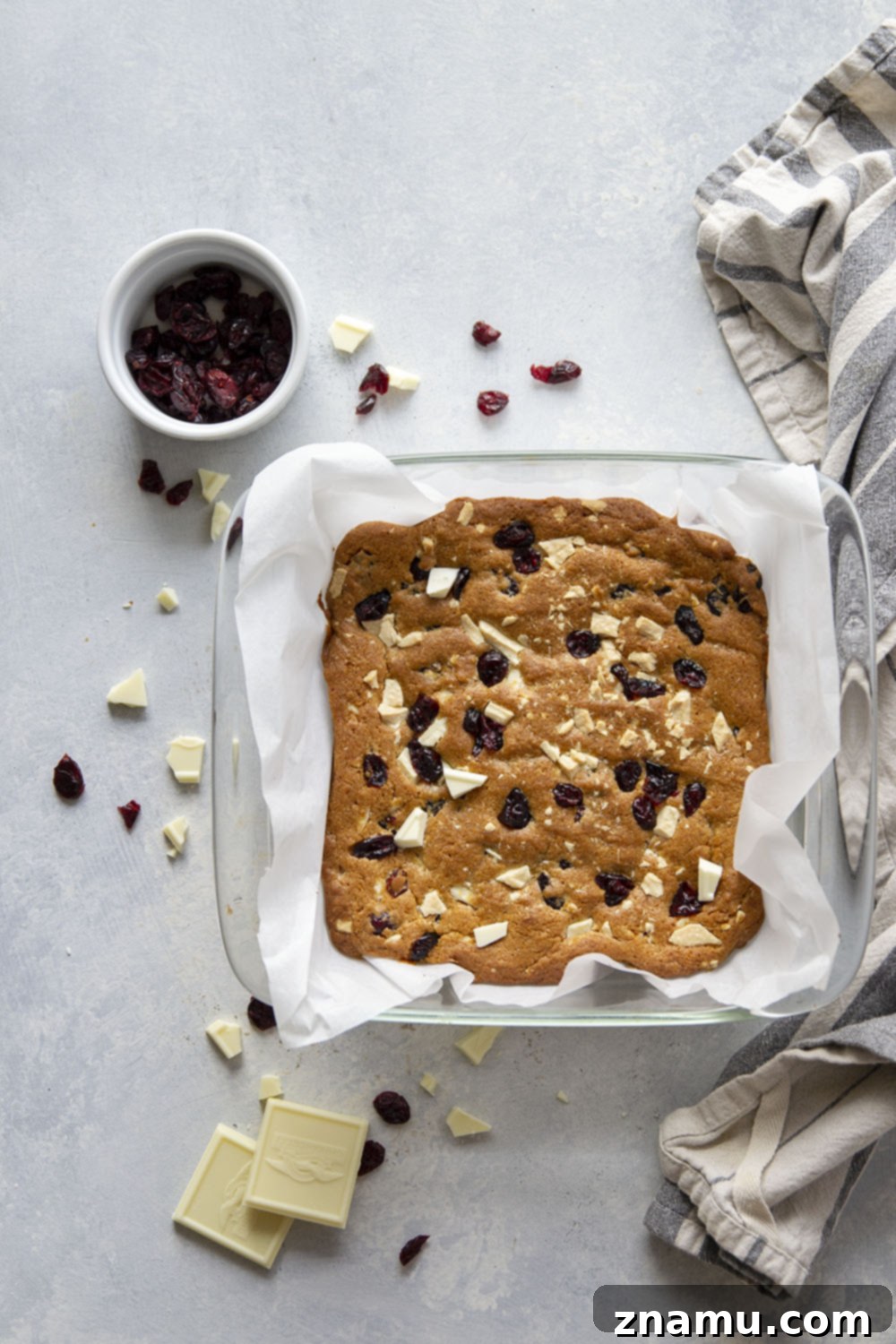 Blissful Cranberry White Chocolate Blondies 4 White chocolate cranberry blondies on a cooling rack, showcasing their golden-brown edges and soft centers filled with fruit and chocolate.