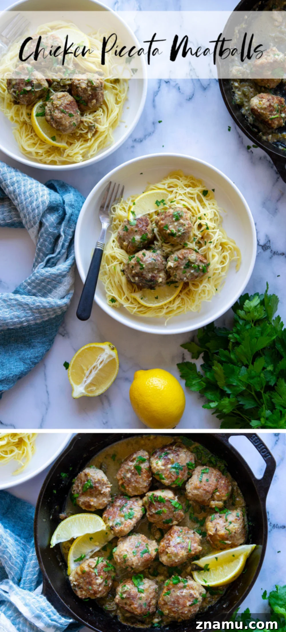 Piccata-Style Chicken Meatballs 6 Overhead shot of a full bowl of chicken piccata meatballs with angel hair pasta, lemon slices, and fresh herbs