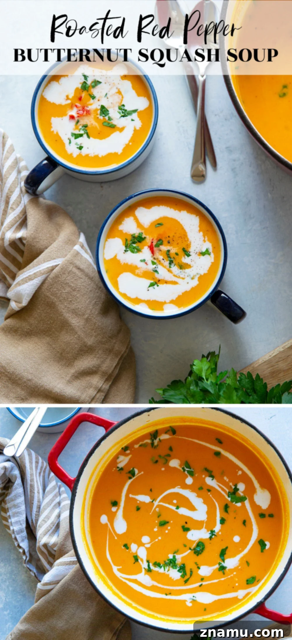 Sweet & Smoky Butternut Squash Soup with Coconut 7 A full spread of creamy butternut squash soup with roasted red peppers, served with fresh bread and garnishes.