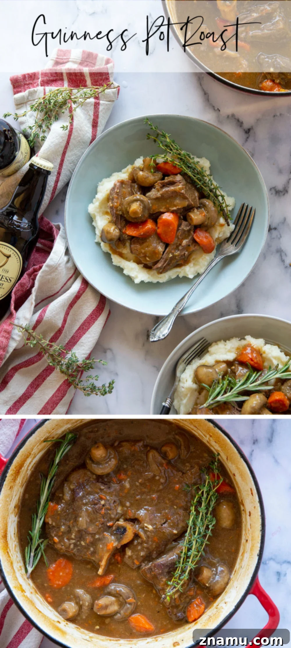 Guinness Braised Beef with Brown Butter Whipped Potatoes 7 A large serving bowl filled with Guinness pot roast, surrounded by fresh herbs, showcasing the rich sauce and tender ingredients.