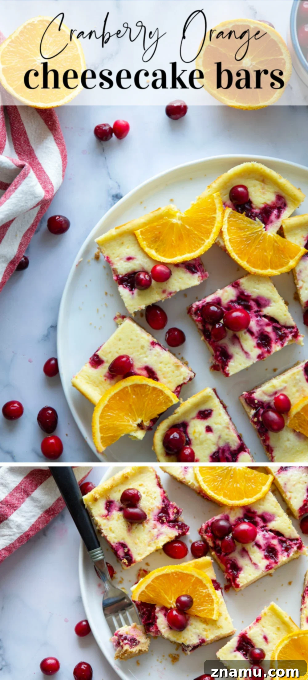 Zesty Orange Cranberry Cheesecake Bars 7 Swirled with a tangy cranberry sauce and loaded with tons of orange flavor, these orange cranberry cheesecake bars are easy to make and a standout on any holiday table!