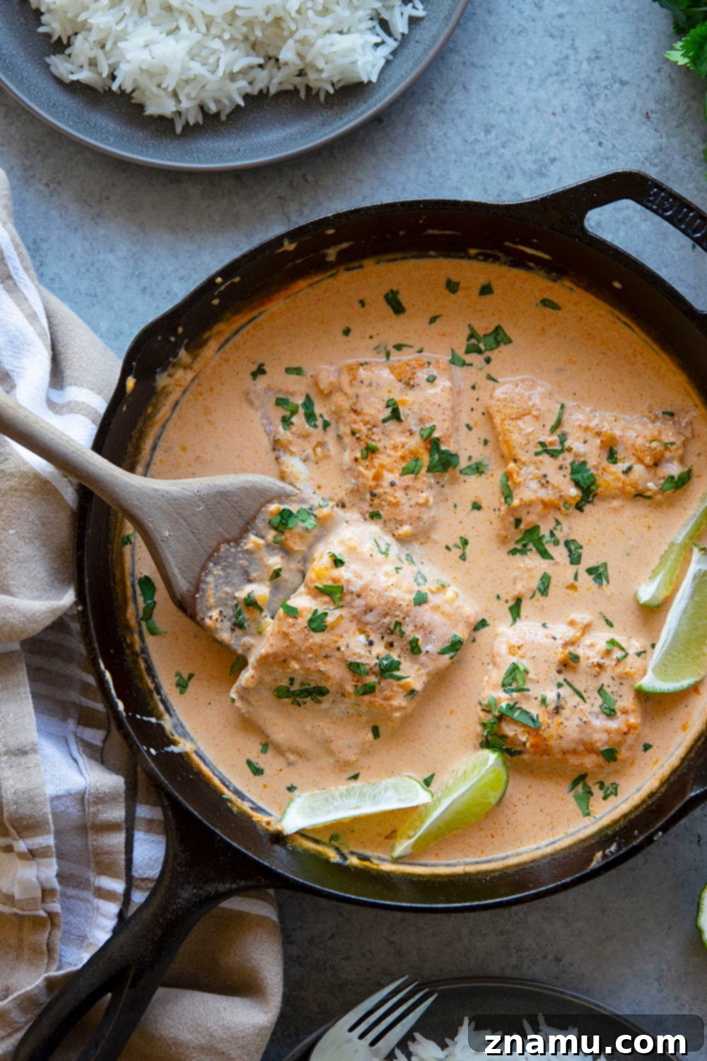 Fragrant Thai Coconut Salmon Curry 4 Thai coconut curry salmon features pan seared salmon simmered in a creamy coconut curry sauce and served over hot rice with plenty of lime and cilantro.
