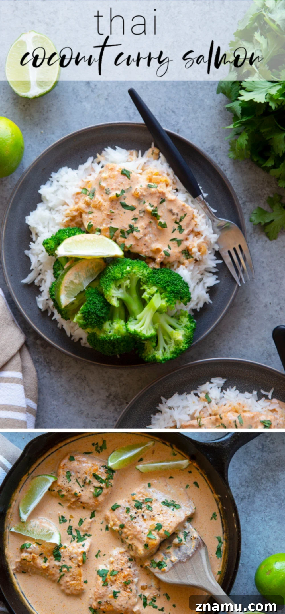 Fragrant Thai Coconut Salmon Curry 7 Thai coconut curry salmon features pan seared salmon simmered in a creamy coconut curry sauce and served over hot rice with plenty of lime and cilantro.