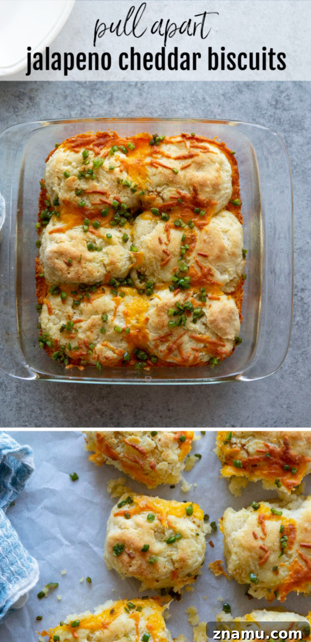 Fluffy Jalapeño Cheddar Pull-Apart Biscuits 7 Overhead shot of a full pan of pull apart jalapeno cheddar biscuits with a sprinkle of fresh herbs.