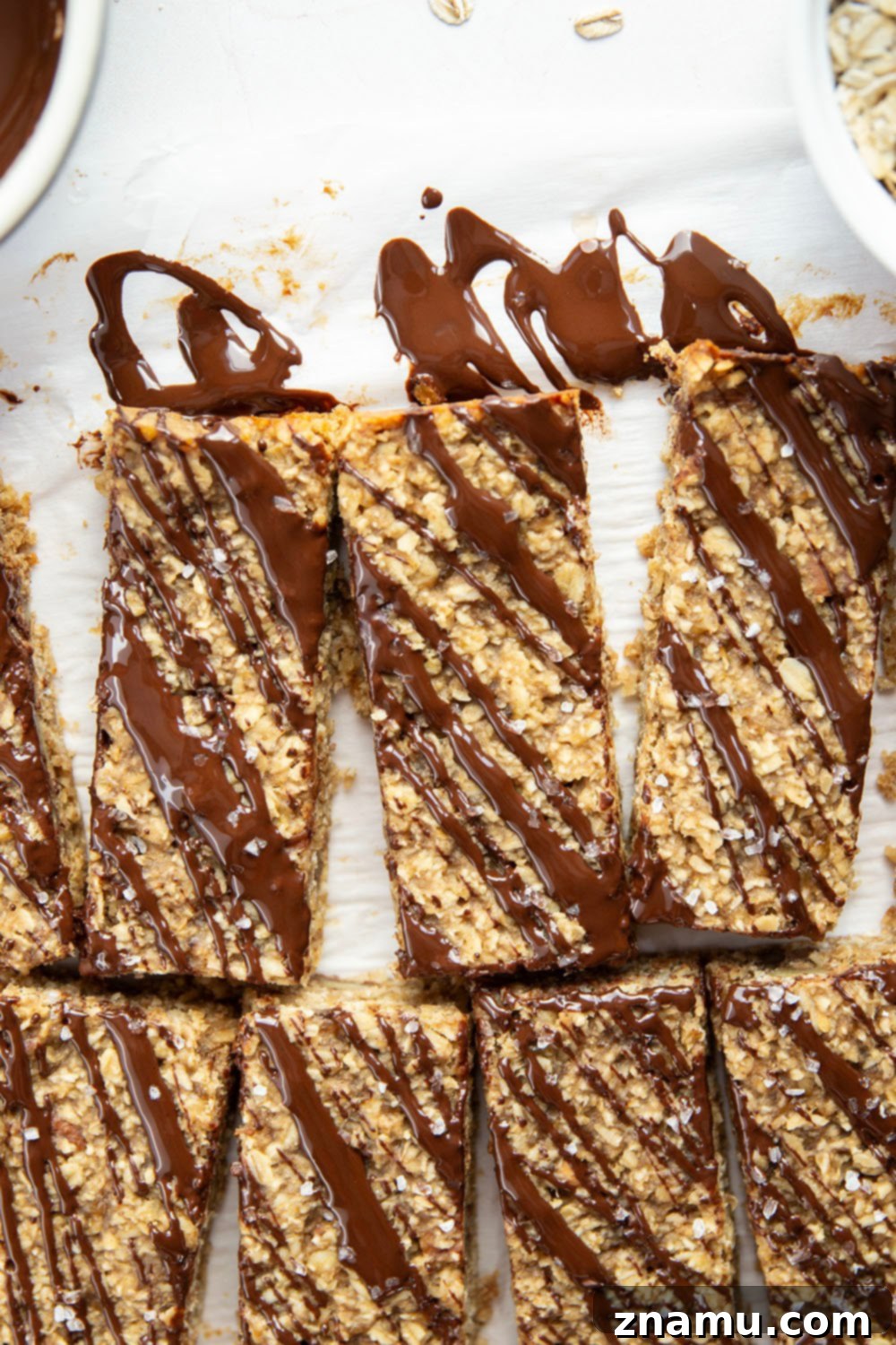 Chewy Peanut Butter Banana Oatmeal Bars 3 A close-up of the soft and chewy texture of a peanut butter banana oat bar.