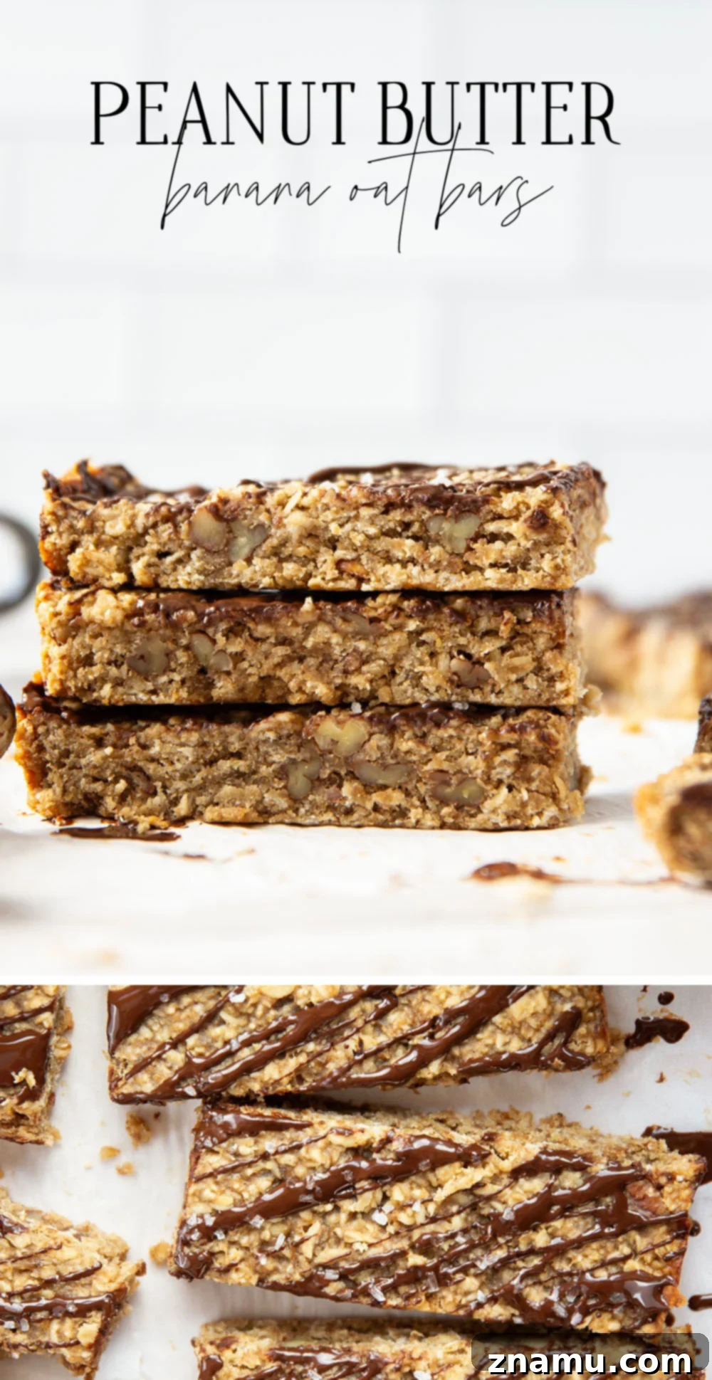 Chewy Peanut Butter Banana Oatmeal Bars 7 Overhead shot of several peanut butter banana oat bars on a white surface, drizzled with chocolate.