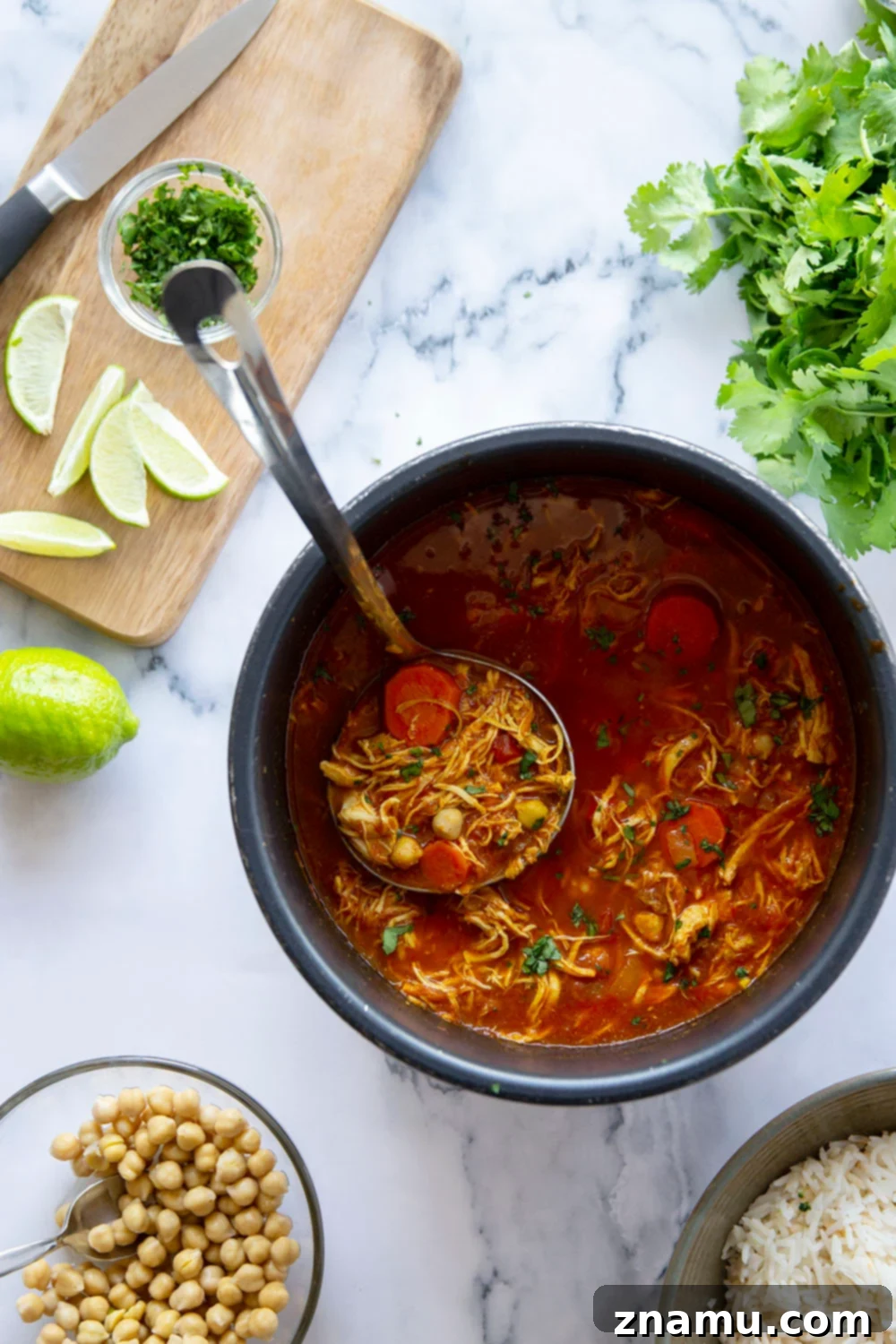 Moroccan Chicken Stew in the Instant Pot 5 Detailed shot of cooked Moroccan Chicken Stew with shredded chicken and vibrant spices in a bowl.