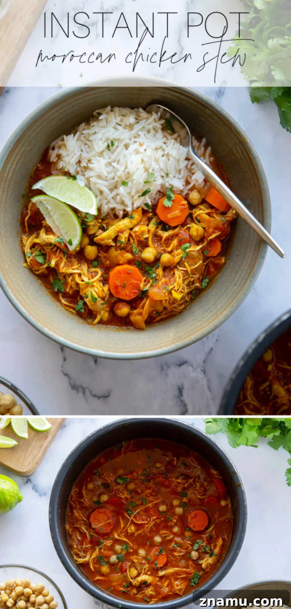 Moroccan Chicken Stew in the Instant Pot 7 A wide shot of the Instant Pot Moroccan Chicken Stew in a rustic bowl with serving suggestions.
