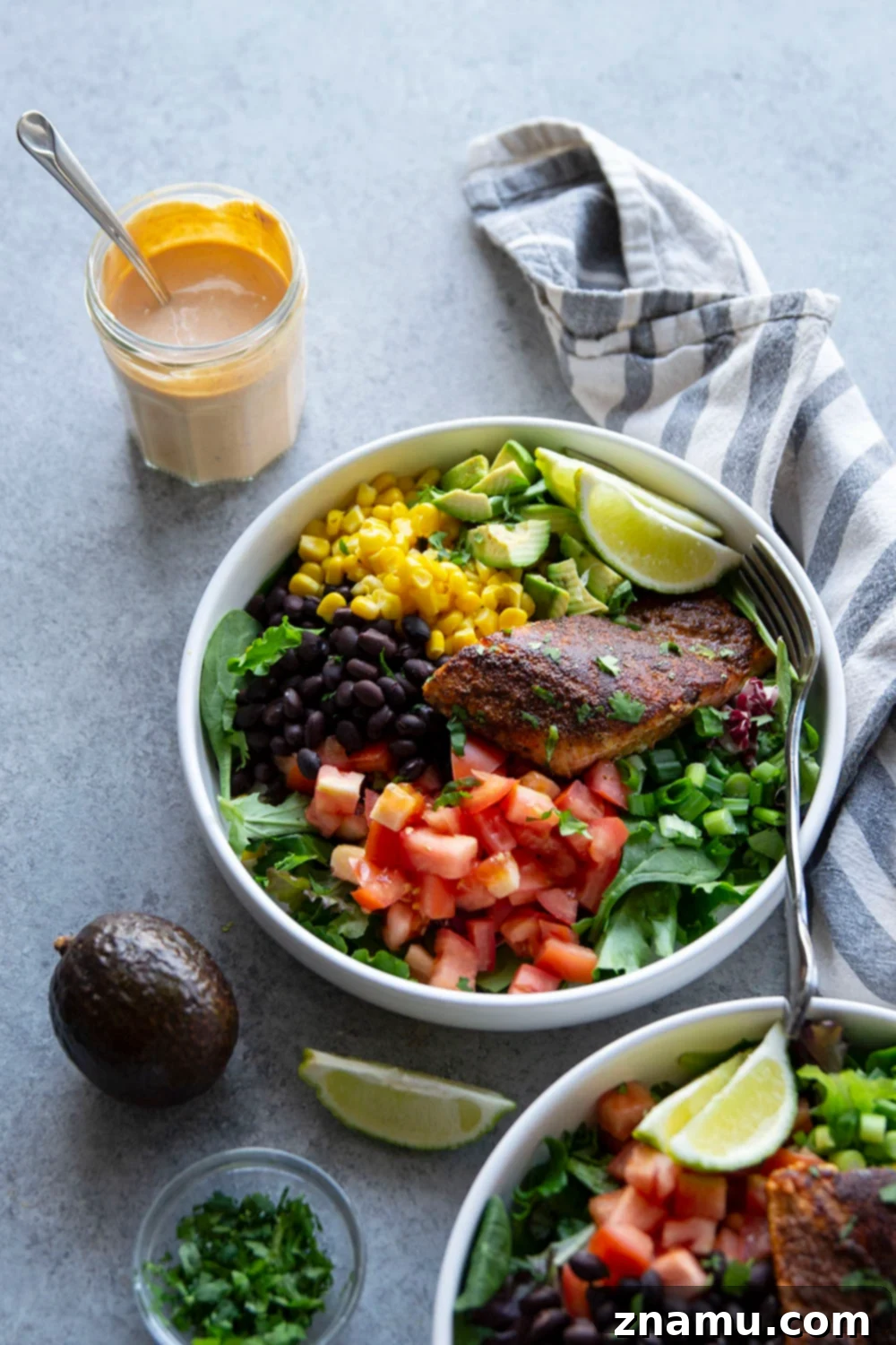Spicy Blackened Salmon Salad with Chipotle Ranch 6 Flavorful blackened salmon and a spicy chipotle ranch dressing dress up this loaded blackened salmon salad into one impressive lunch or dinner that can be prepped ahead of time!