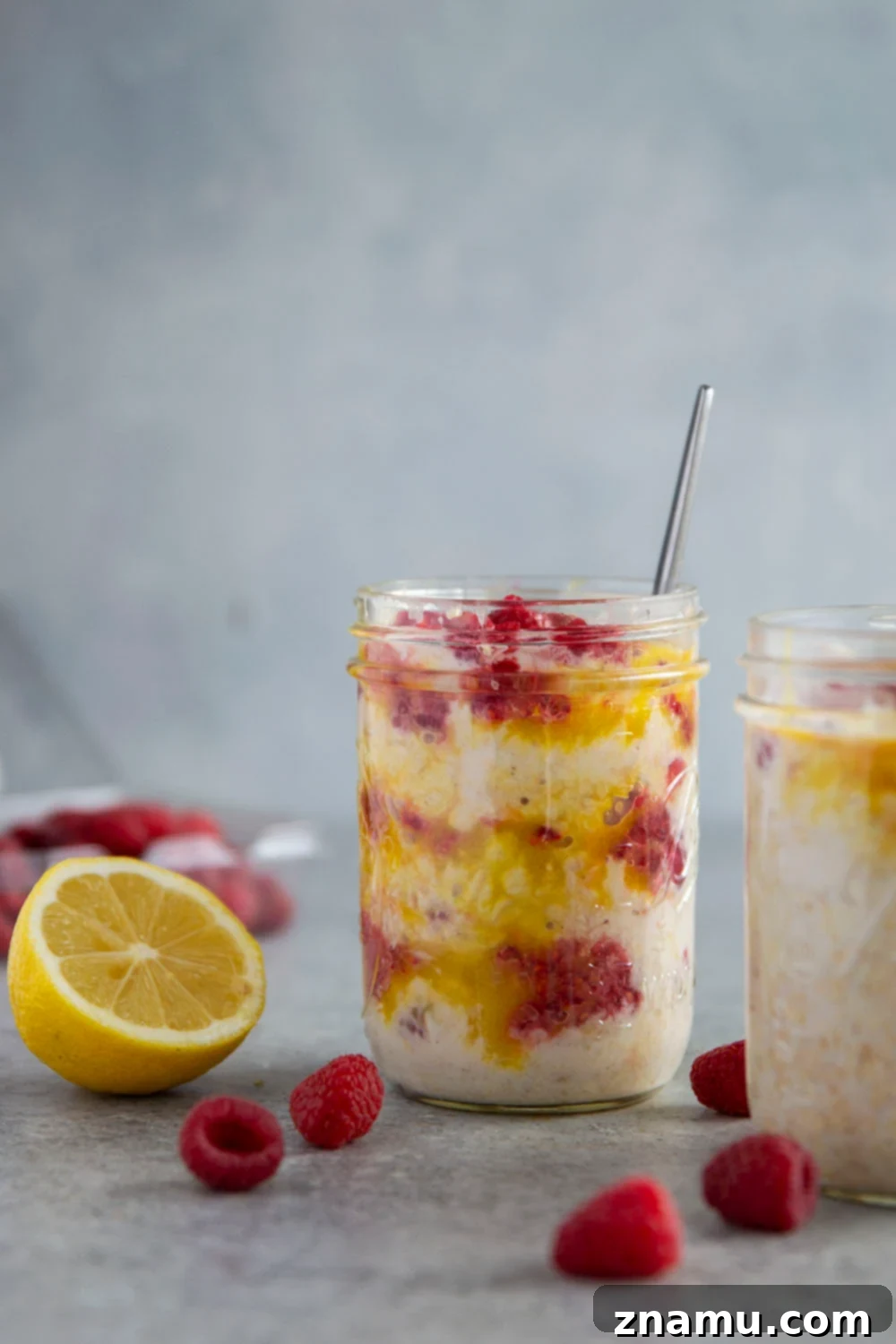 Zesty Lemon Curd Raspberry Overnight Oats 2 Tangy lemon curd and a juicy fresh raspberry sauce are swirled into these creamy overnight oats for an easy make-ahead breakfast treat!