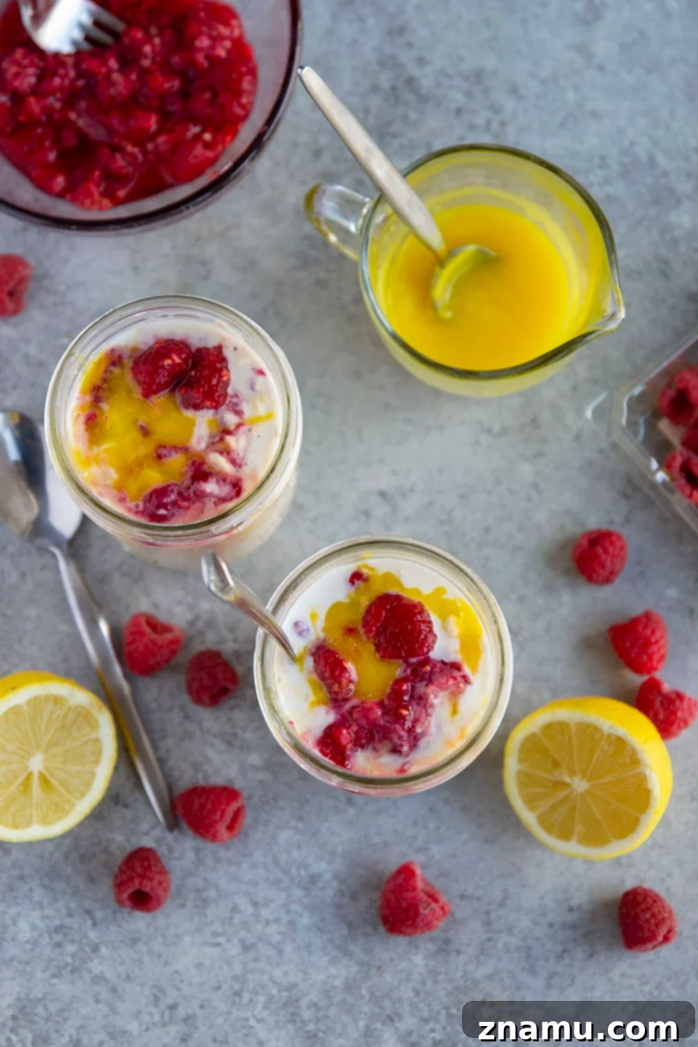 Zesty Lemon Curd Raspberry Overnight Oats 3 Tangy lemon curd and a juicy fresh raspberry sauce are swirled into these creamy overnight oats for an easy make-ahead breakfast treat!