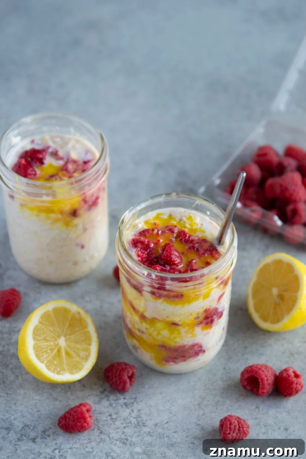 Zesty Lemon Curd Raspberry Overnight Oats 6 Tangy lemon curd and a juicy fresh raspberry sauce are swirled into these creamy overnight oats for an easy make-ahead breakfast treat!