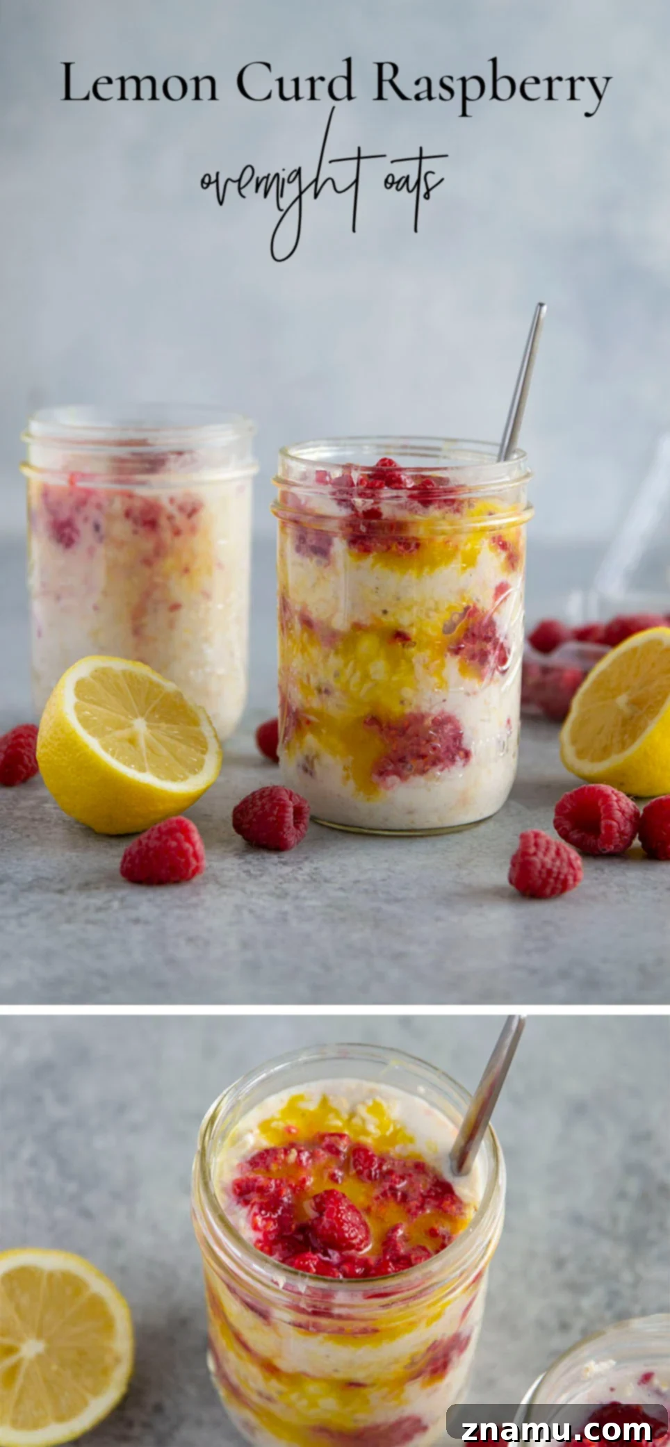 Zesty Lemon Curd Raspberry Overnight Oats 7 Tangy lemon curd and a juicy fresh raspberry sauce are swirled into these creamy overnight oats for an easy make-ahead breakfast treat!