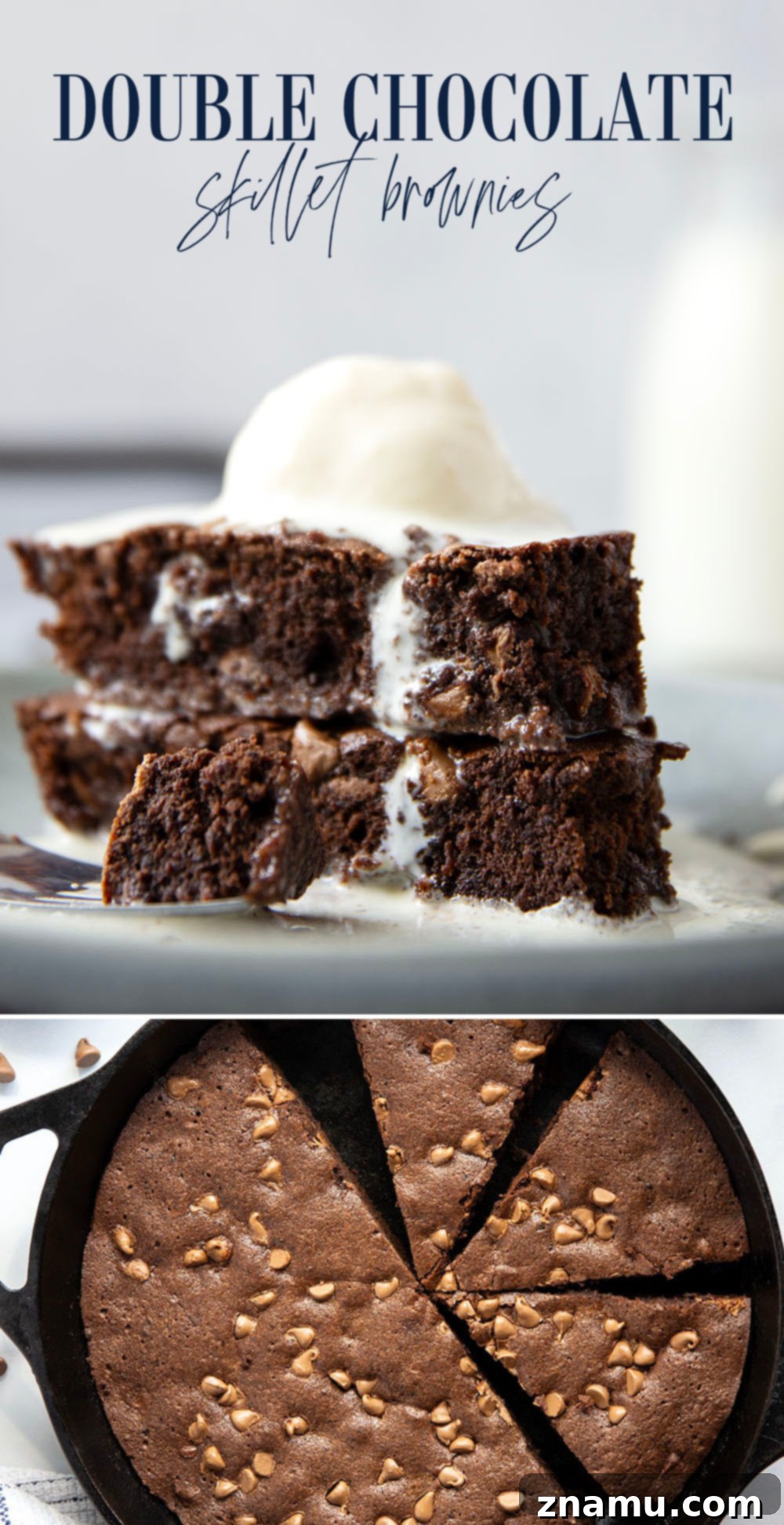 Ultimate Double Chocolate Skillet Brownies 7 Rich and fudgy double chocolate skillet brownies baked in a cast iron skillet and incredible with a scoop of vanilla ice cream on top!