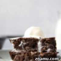 Rich and fudgy double chocolate skillet brownies baked in a cast iron skillet and incredible with a scoop of vanilla ice cream on top!
