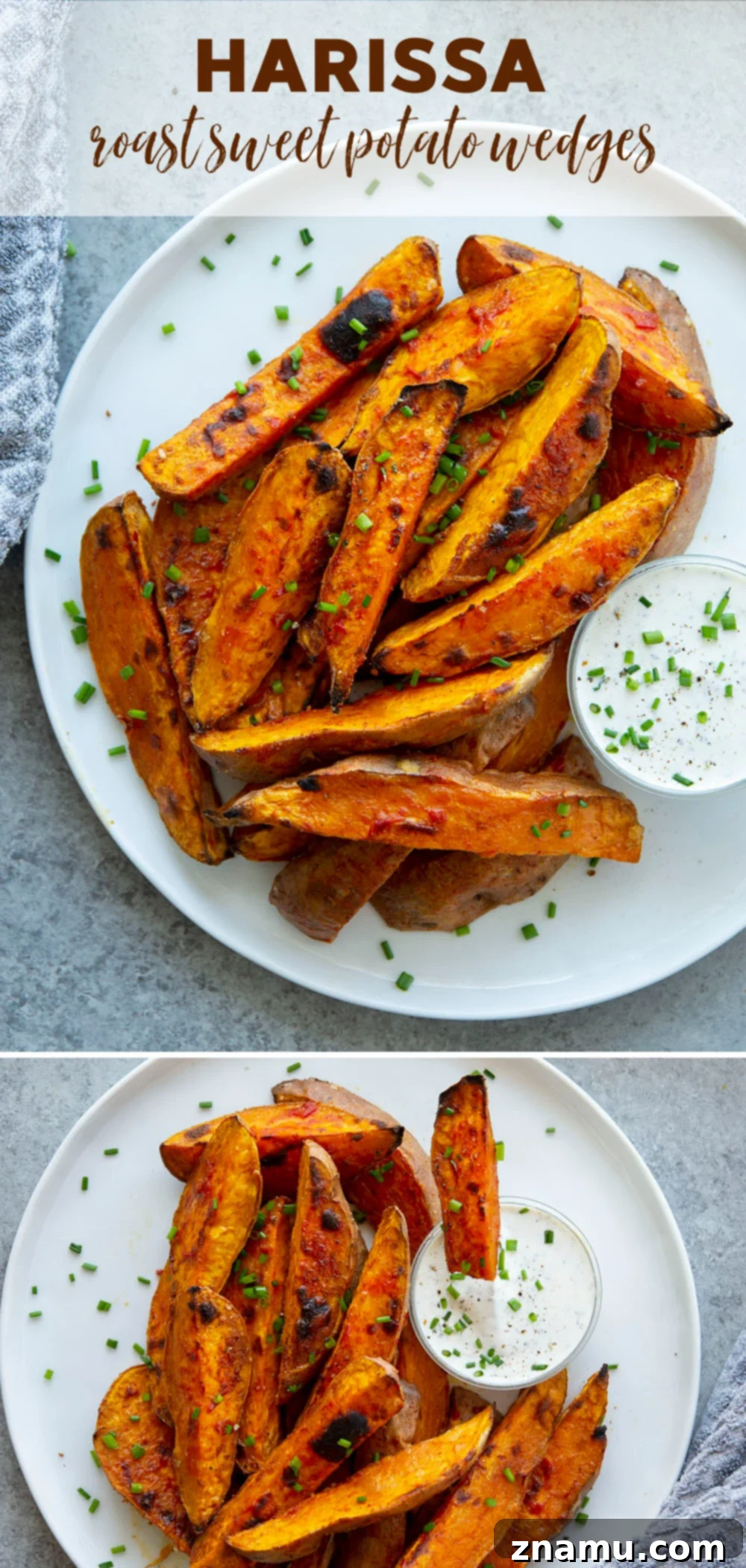 Fiery Harissa Sweet Potato Wedges with Cool Garlic Herb Aioli 7 Harissa roast sweet potato wedges pack a flavorful punch of heat and are perfectly crispy on the outside and fluffy on the inside.-- serve with a garlic herb aioli for dipping!