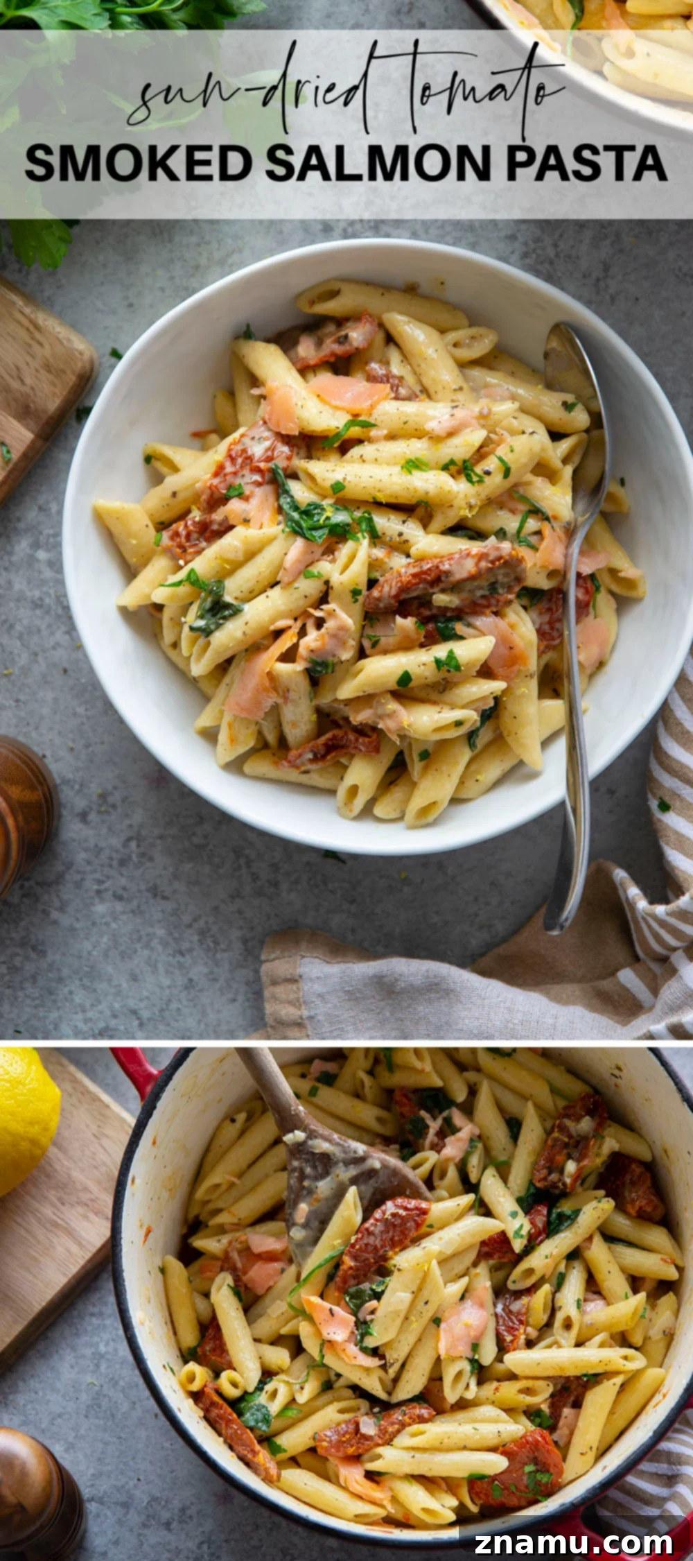 Smoky Salmon Sun-Kissed Tomato Pasta 7 A close-up vertical shot of the sun-dried tomato smoked salmon pasta, showcasing the vibrant colors and creamy texture in a stylish presentation.