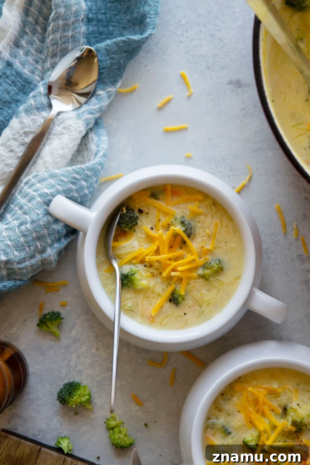 Cheesy Broccoli Spaghetti Squash Soup 2 Broccoli cheddar spaghetti squash soup is a twist on the popular Panera version! Perfectly creamy, rich, and loaded with tender broccoli and spaghetti squash.