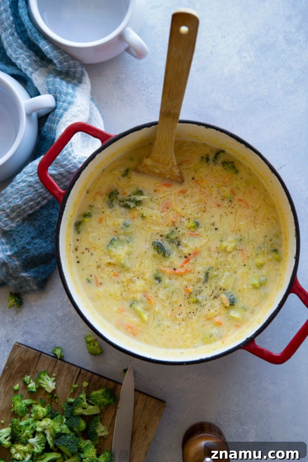 Cheesy Broccoli Spaghetti Squash Soup 3 Broccoli cheddar spaghetti squash soup is a twist on the popular Panera version! Perfectly creamy, rich, and loaded with tender broccoli and spaghetti squash.