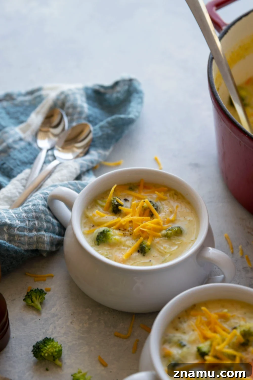 Cheesy Broccoli Spaghetti Squash Soup 5 Broccoli cheddar spaghetti squash soup is a twist on the popular Panera version! Perfectly creamy, rich, and loaded with tender broccoli and spaghetti squash.