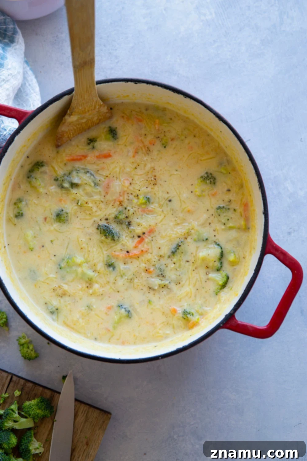 Cheesy Broccoli Spaghetti Squash Soup 6 Broccoli cheddar spaghetti squash soup is a twist on the popular Panera version! Perfectly creamy, rich, and loaded with tender broccoli and spaghetti squash.