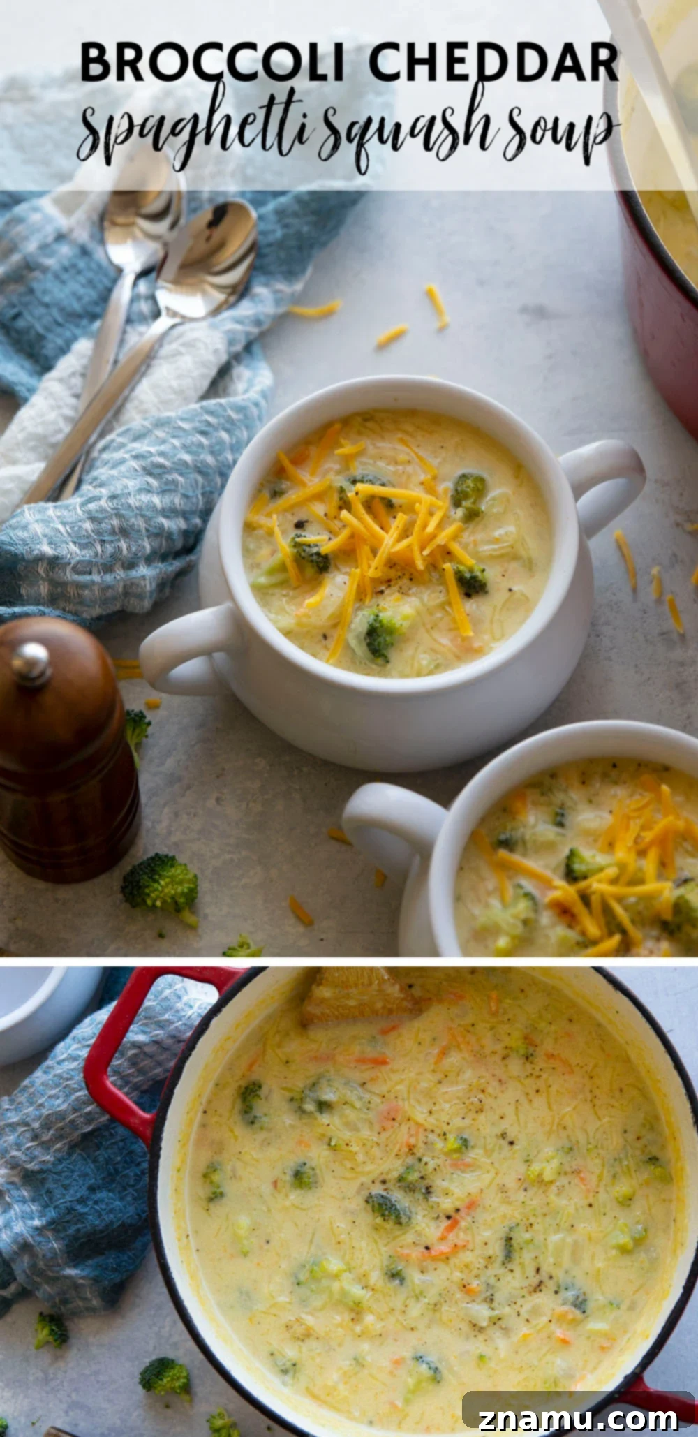 Cheesy Broccoli Spaghetti Squash Soup 7 Broccoli cheddar spaghetti squash soup is a twist on the popular Panera version! Perfectly creamy, rich, and loaded with tender broccoli and spaghetti squash.